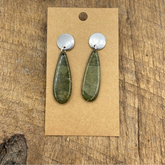 Mossy Green Hanging Teardrop Jasper Studded Back Earrings - Picture 1 of 5